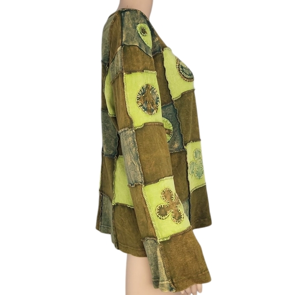 Kathmandu Moss Green Peace Brown Patchwork Embroidered Blouse - Picture 3 of 4
